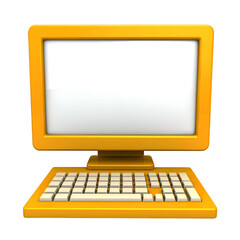 Fototapeta premium Cartoonish computer icon, orange frame, blank white screen, detached keyboard