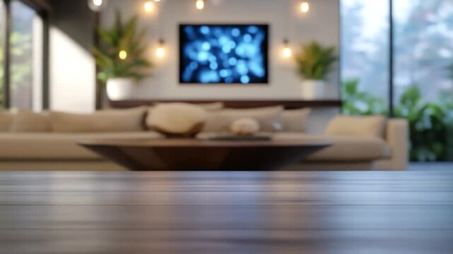 Modern living room interior blur background with empty wooden surface