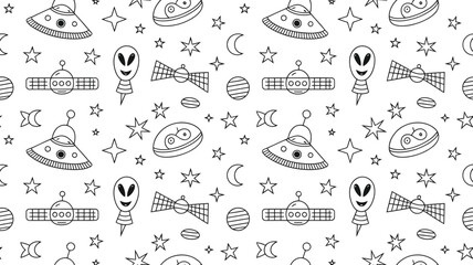 Fototapeta premium Explore the cosmos with this fun, seamless pattern featuring aliens, spaceships, stars, and moons for out-of-this-world designs and creative projects