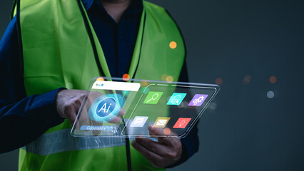 Man Interacting with Artificial Intelligence on Transparent Digital Device