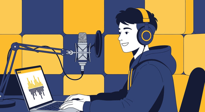 Young Male Podcast Host Engaging Audience With Professional Audio Recording Gear