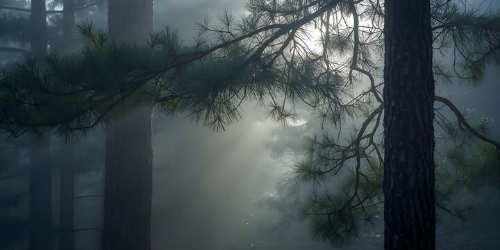 Dense fog over tall trees in a mountain forest.