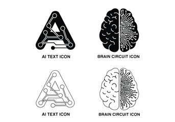 Ai technology and brain circuitry icons set - Vector icon symbol for website - Icon vector - Blue icon vector - Line and glyph solid icon set