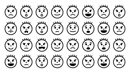 Emotion icons collection for website or app design featuring a range of expressions from happy to sad, angry, and surprised for user interface design