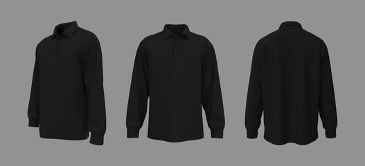 Oversized men’s long sleeve polo shirt mockup. Front, side and back view
