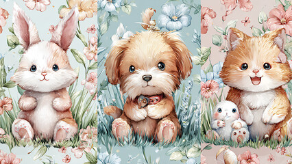 Cute Baby Puppy and Bunny Illustration in Pastel Garden