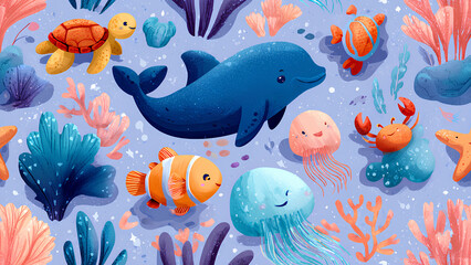 Cute Underwater Sea Animals Illustration