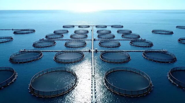 Aerial Perspective of Aquaculture Fish Farming in the Open Ocean with Serene Blue Waters and Distant Horizon Reflecting Sunlight and Circular Enclosures in a Grid Pattern with Calm Seas 190