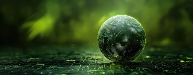 The digital globe of sustainable technology glowing on a futuristic green network