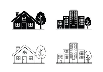 Drawn houses and city buildings collection hand sketch style - Vector icon symbol for website - Icon vector - Blue icon vector - Line and glyph solid icon set