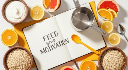 Open notebook with motivational message and fresh fruit nearby