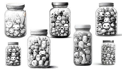 Cute Cartoon Monster Faces in Glass Jars Collection