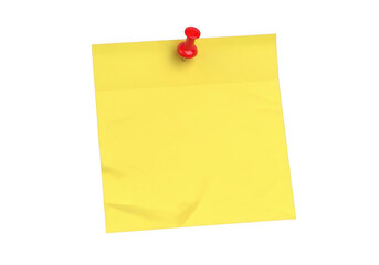 Bright yellow note paper pinned securely with a red thumbtack for reminders transparent background
