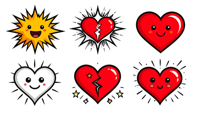 A charming collection of kawaii style love symbols, featuring smiling whole hearts, sad broken hearts, and a cheerful sun character illustration set