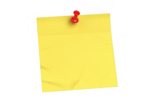 Bright yellow note paper pinned securely with a red thumbtack for reminders transparent background
