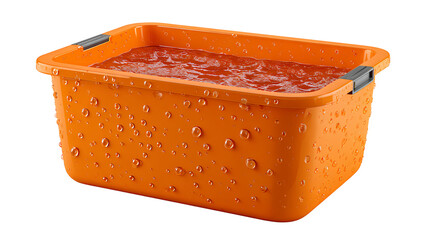 Orange Plastic Storage Container with Water Droplets Isolated on White Background