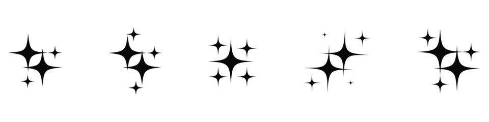Twinkle star icon set with black color. Sparkle stars icon. Twinkling stars, shining burst. Different black sparkles icons. Vector illustration.