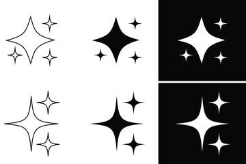 Twinkle star icon set with black and white color. Sparkle stars icon. Twinkling stars, shining burst. Different black sparkles icons. Vector illustration.