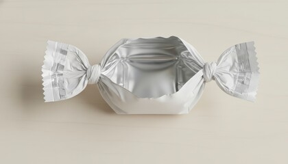 Empty Silver Candy Wrapper on Wooden Table.