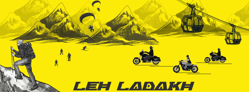 Leh Ladakh Skyline with Bike Rider Sketch &ndash; Pangong Lake, Thiksey Monastery, Shanti Stupa, Magnetic Hill, Adventure Travel Tourism Art Illustration