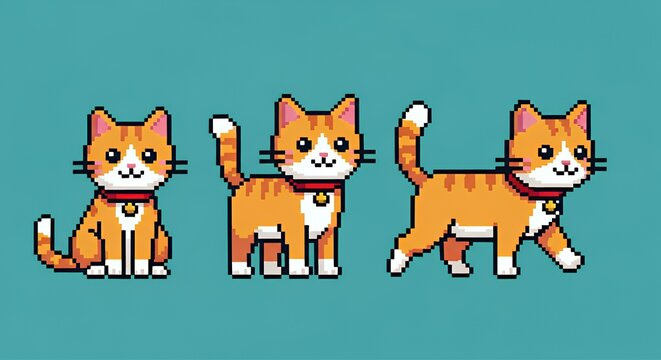 Pixel Art Cute Orange Cat Characters in Different Poses on Blue Background