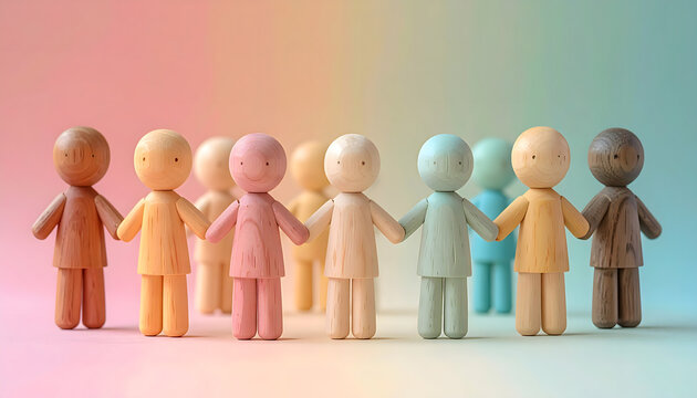 A diverse group of multicultural figures holding hands in unity, symbolizing community, equality, and social connection