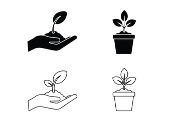 Plant seedling growth icons set hand potted plant - Vector icon symbol for website - Icon vector - Blue icon vector - Line and glyph solid icon set