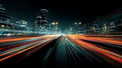Night city skyline with blurred light streaks from traffic for abstract background
