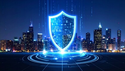 A holographic shield with padlock icon glows in a dark control room, symbolizing cybersecurity.