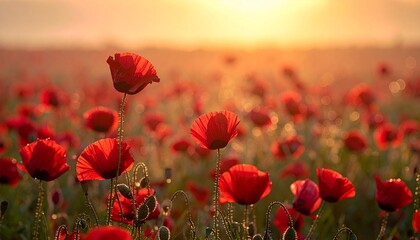 Golden sunlight floods a vibrant poppy field, casting warmth and serenity across blooming red petals.
