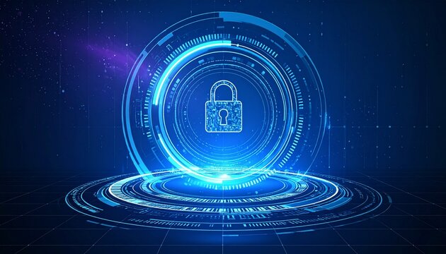 A holographic shield with padlock icon glows in a dark control room, symbolizing cybersecurity.