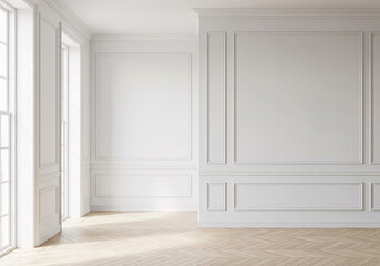Fototapeta premium Bright White Classic Room Corner with Wall Molding and Light Wood Floor
