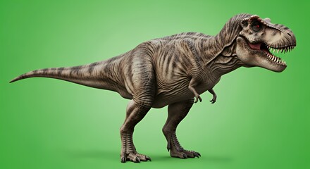 Fototapeta premium Realistic Tyrannosaurus Rex Dinosaur Model on Green Background for Educational and Entertainment Use