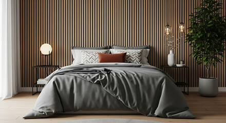 Modern bedroom, grey bed, patterned pillows, wood slat wall, contemporary lighting, green plant, serene atmosphere, stylish interior design for cozy home.