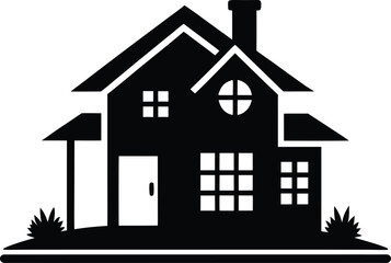 Charming traditional house with porch and chimney silhouette, Home silhouette vector, home icon symbol