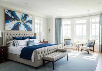 Luxurious master bedroom interior design showcasing elegant tufted bed, stylish seating area, large sunlit windows, and modern abstract art