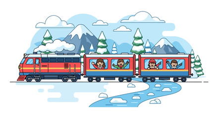 Cheerful train ride through winter wonderland A scenic journey with happy passengers