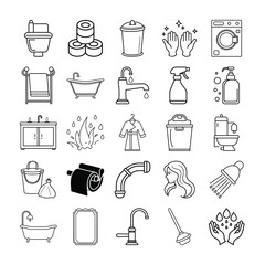 Collection of bathroom and hygiene line icons including toilet, towel, bathtub, and soap in outline