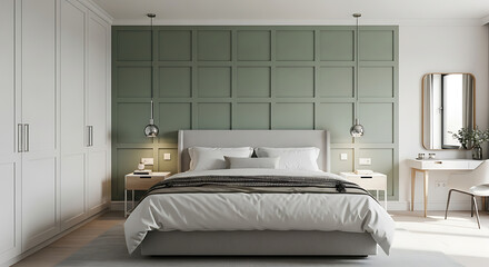 Modern bedroom interior design featuring a comfortable king-size bed, elegant sage green paneled wall, and built-in wardrobes.