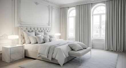Elegant white bedroom, luxurious tufted bed, pristine bedding, classic wall moldings, arched windows, drapes, minimalist, serene modern-classical look.