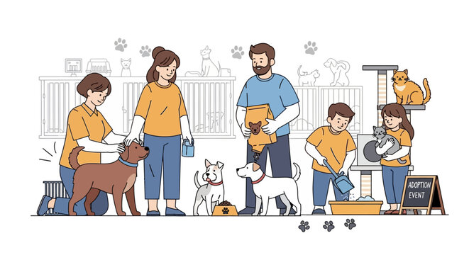 A heartwarming scene of people interacting with dogs and cats at an animal shelter