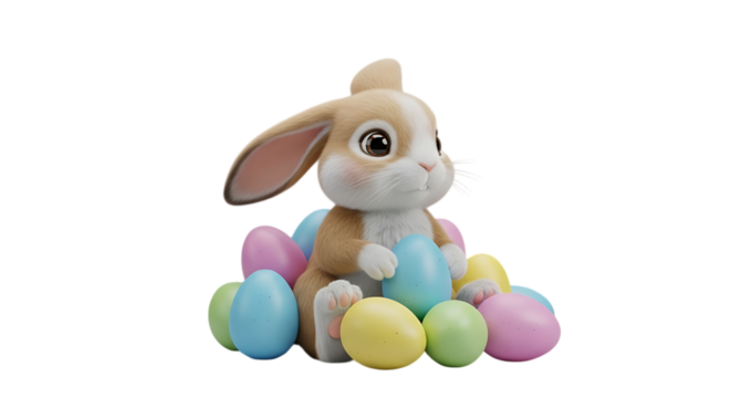 Adorable bunny hugs pastel colored Easter eggs, celebrating springtime holiday spirit