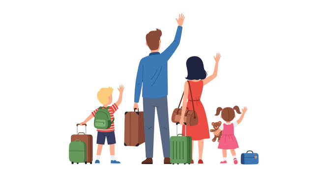 Happy family embarking on an exciting journey, waving goodbye with suitcases, ready for a memorable vacation or adventure together