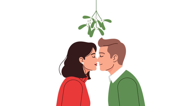 Couple sharing a Christmas kiss under mistletoe, celebrating holiday romance and festive tradition