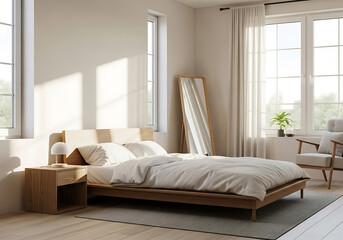 Minimalist scandinavian bedroom interior with comfortable bed, wooden nightstand, large windows, natural light, soft sheer curtains, and a full-length mirror.
