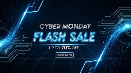 Cyber Monday Flash Sale up to 70% off post with blue neon text and abstract tech elements, an eye catching graphic for a retail brand's social media feed or an online promotion Shopping