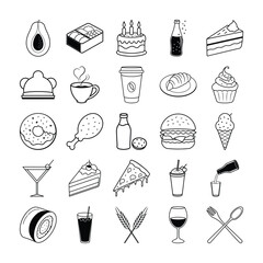 Set of black and white line icons representing various food and drink items