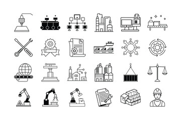 Industrial production line icons, manufacturing process, robotic automation, and machinery symbols