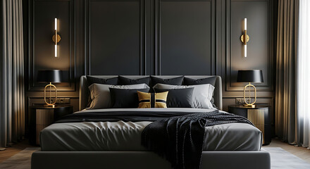 Luxurious modern bedroom interior design with elegant dark gray walls, a comfortable king-size bed, stylish gold accent lighting, and chic decor.