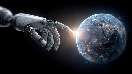 Futuristic AI robot hand hovers above a glowing holographic globe, symbolizing technology, global connectivity, innovation, and the intersection of artificial intelligence and the world.
